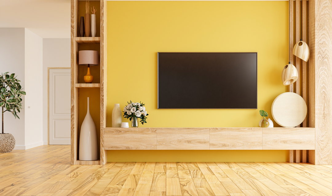 Sunny yellow accent wall in a living room